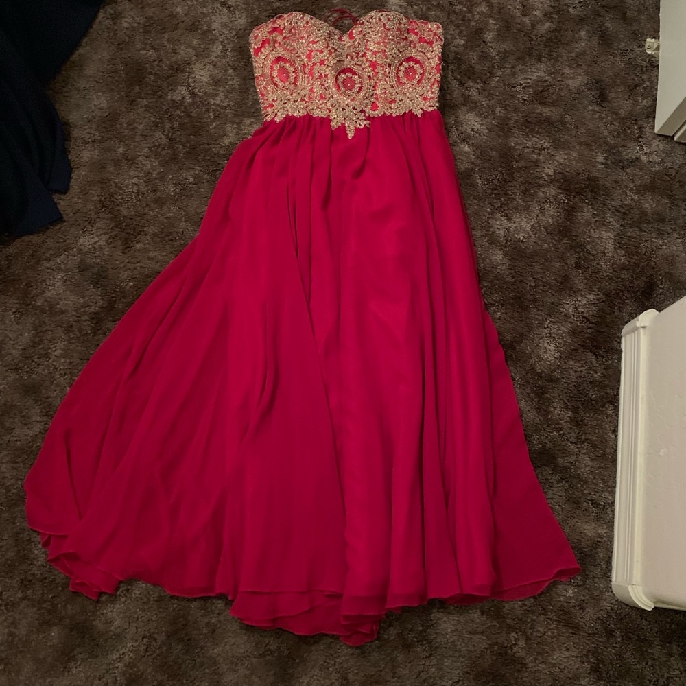 Red strapless gown